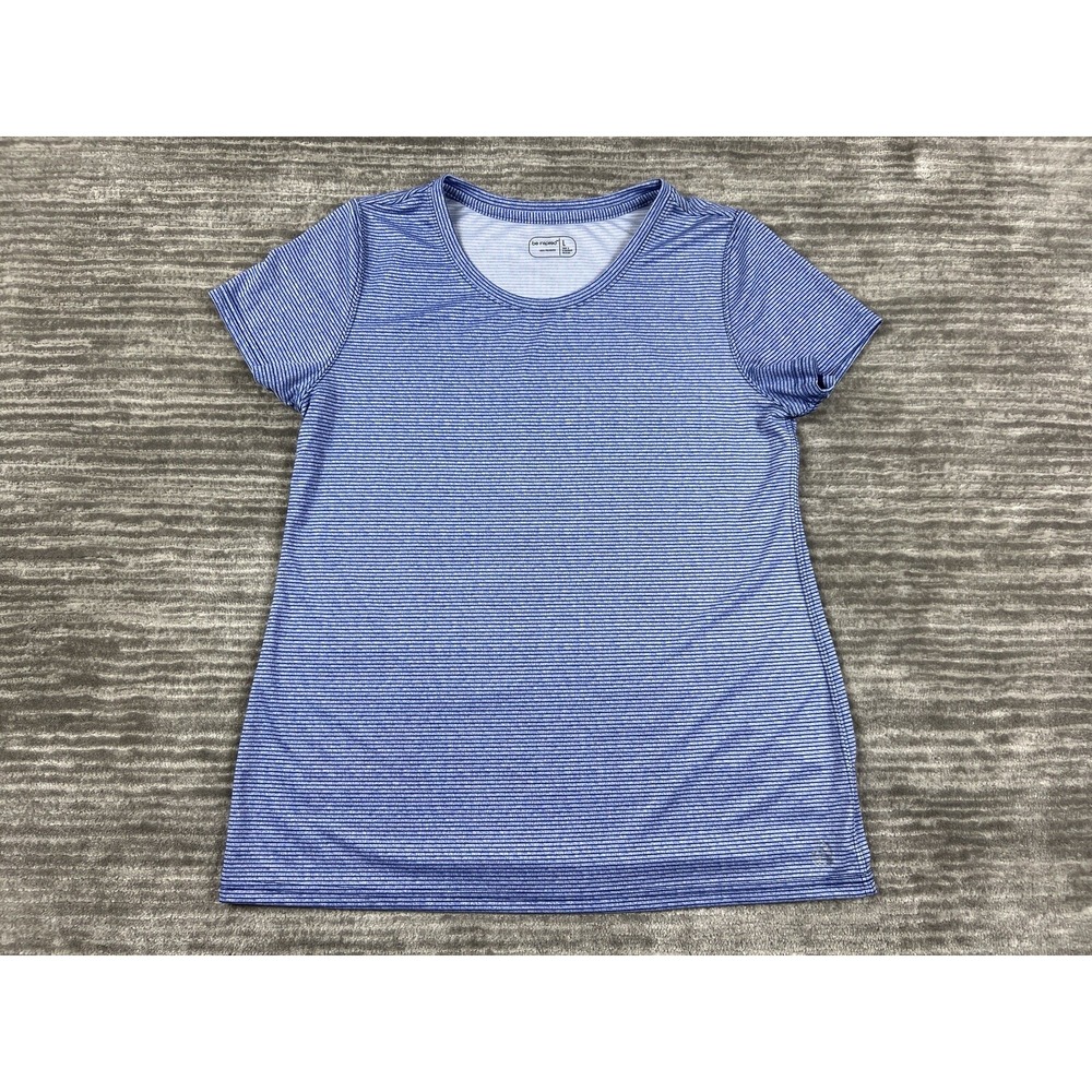 Be Inspired T-Shirt Womens Large Blue Striped Short‎ Sleeve Activewear Crew Neck
